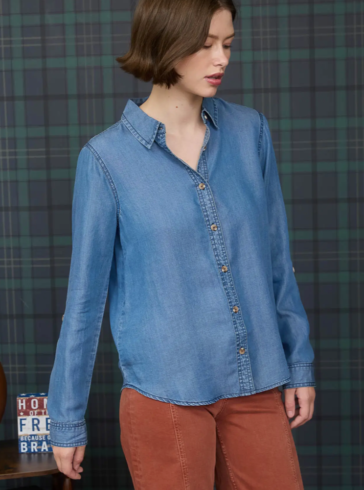 Chambray Collared 3/4 Tab Sleeve Button Down