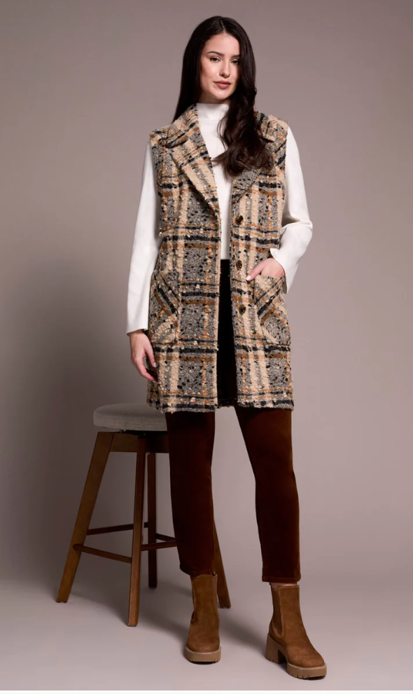 Textured Plaid Wide Notch Collar Long Vest