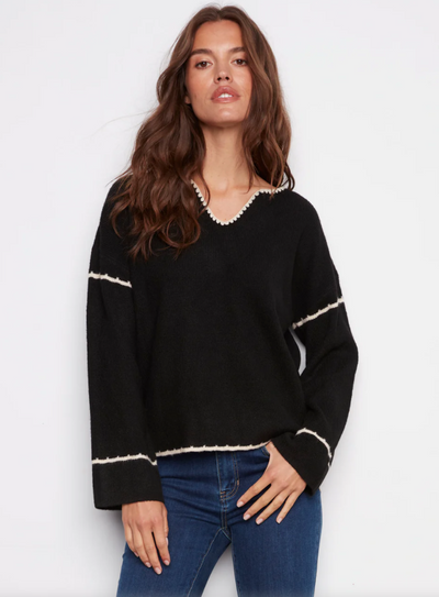 Charlie B Ribbed V Neck Embroidery Sweater Black