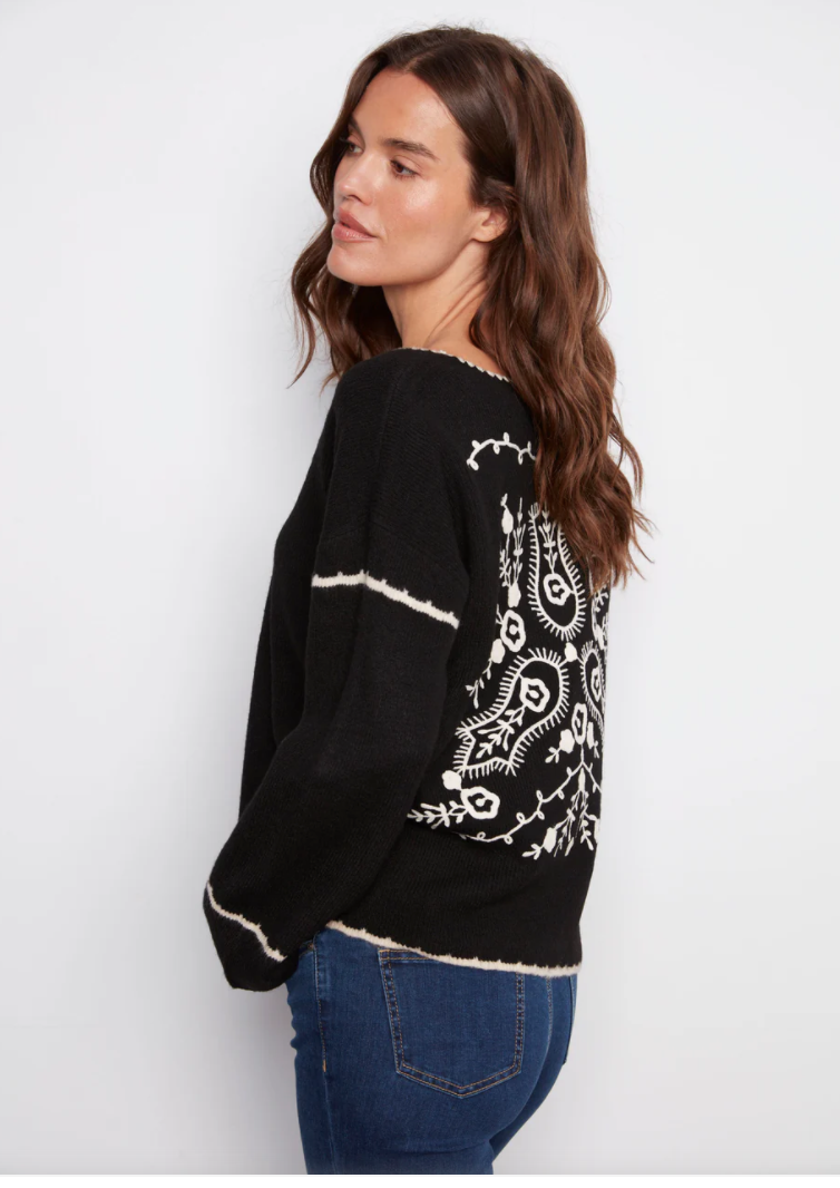 Charlie B Ribbed V Neck Embroidery Sweater Black
