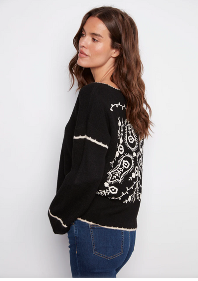 Charlie B Ribbed V Neck Embroidery Sweater Black