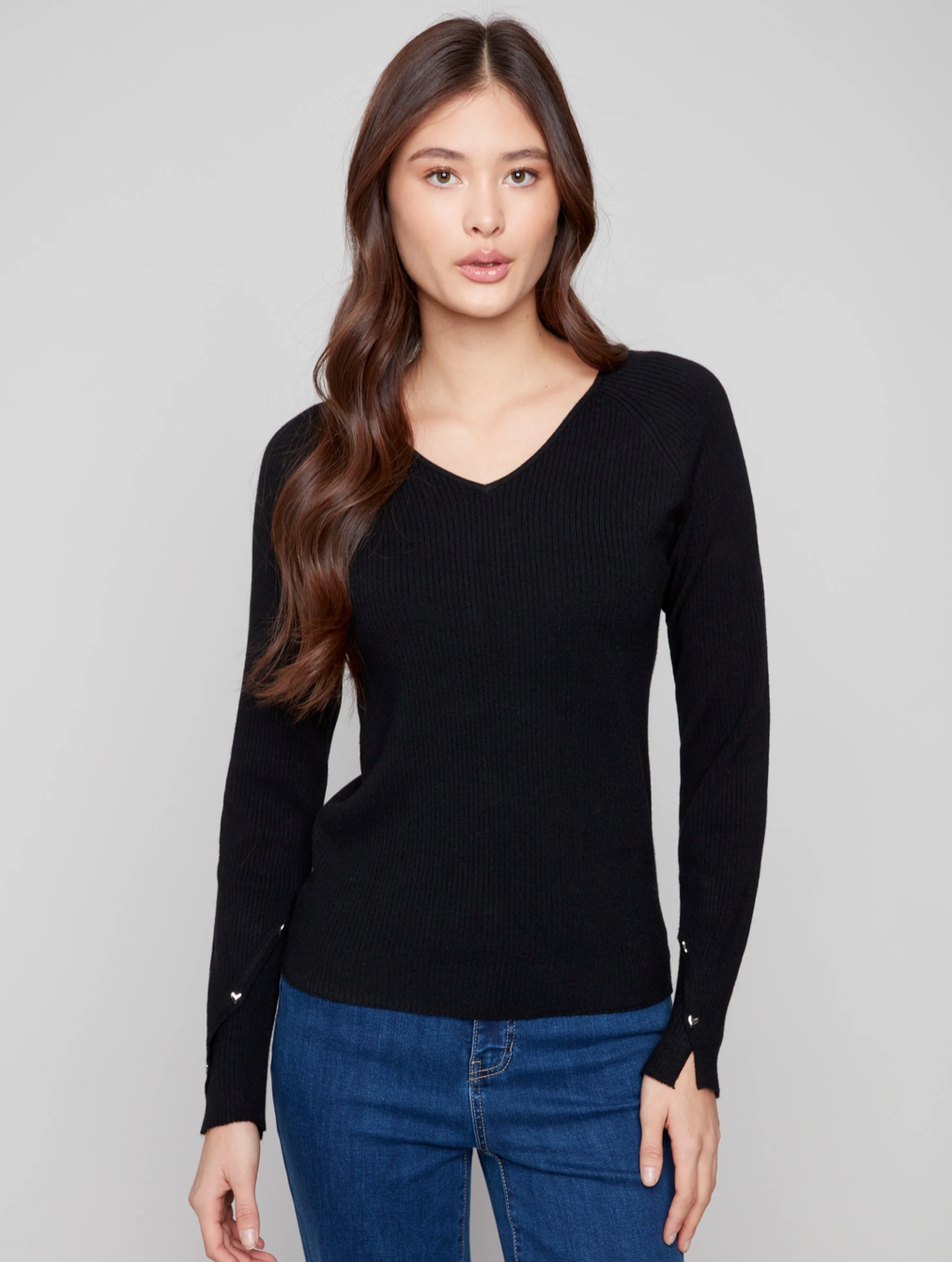 Charlie B Ribbed V-Neck Sweater W/Heart Rivets