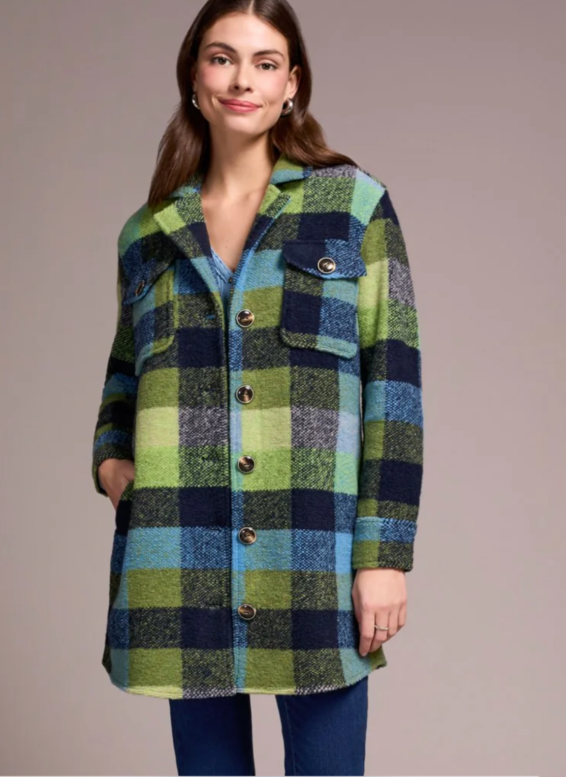 Tribal Knit Plaid Notch Collar Shacket