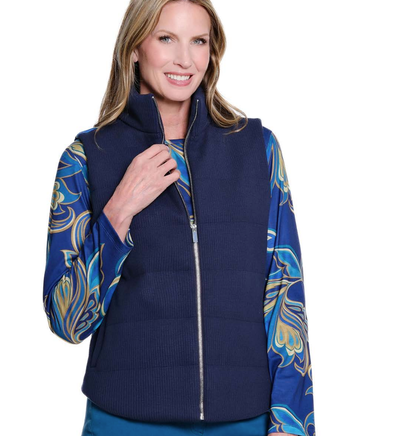 Multiples Navy Corduroy vest w/print