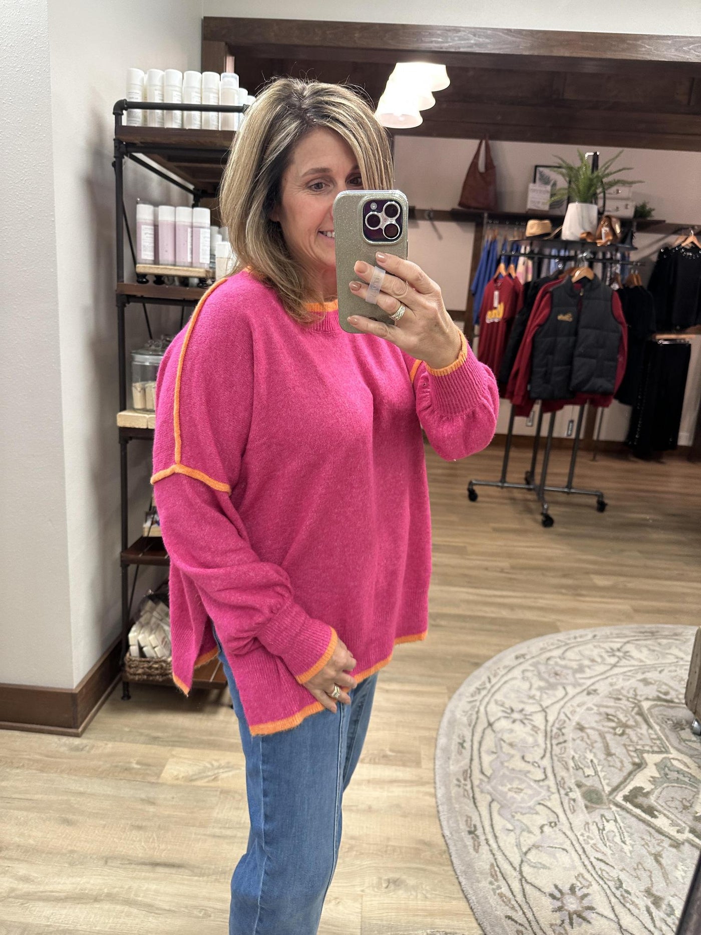 Contrast Trim Pink/Orange Sweater