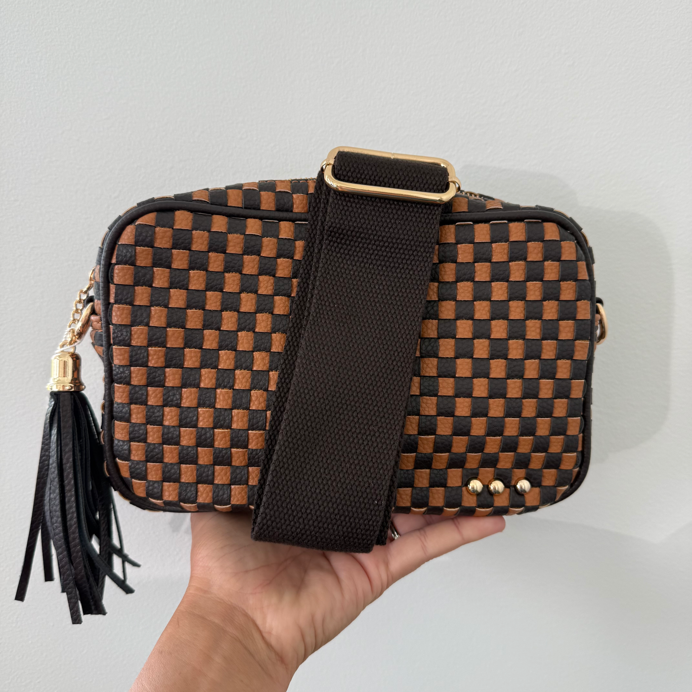 Woven Willow Camera Crossbody Bag Checkered Coffee