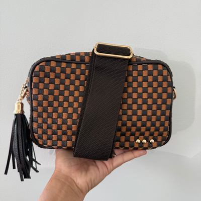 Woven Willow Camera Crossbody Bag Checkered Coffee