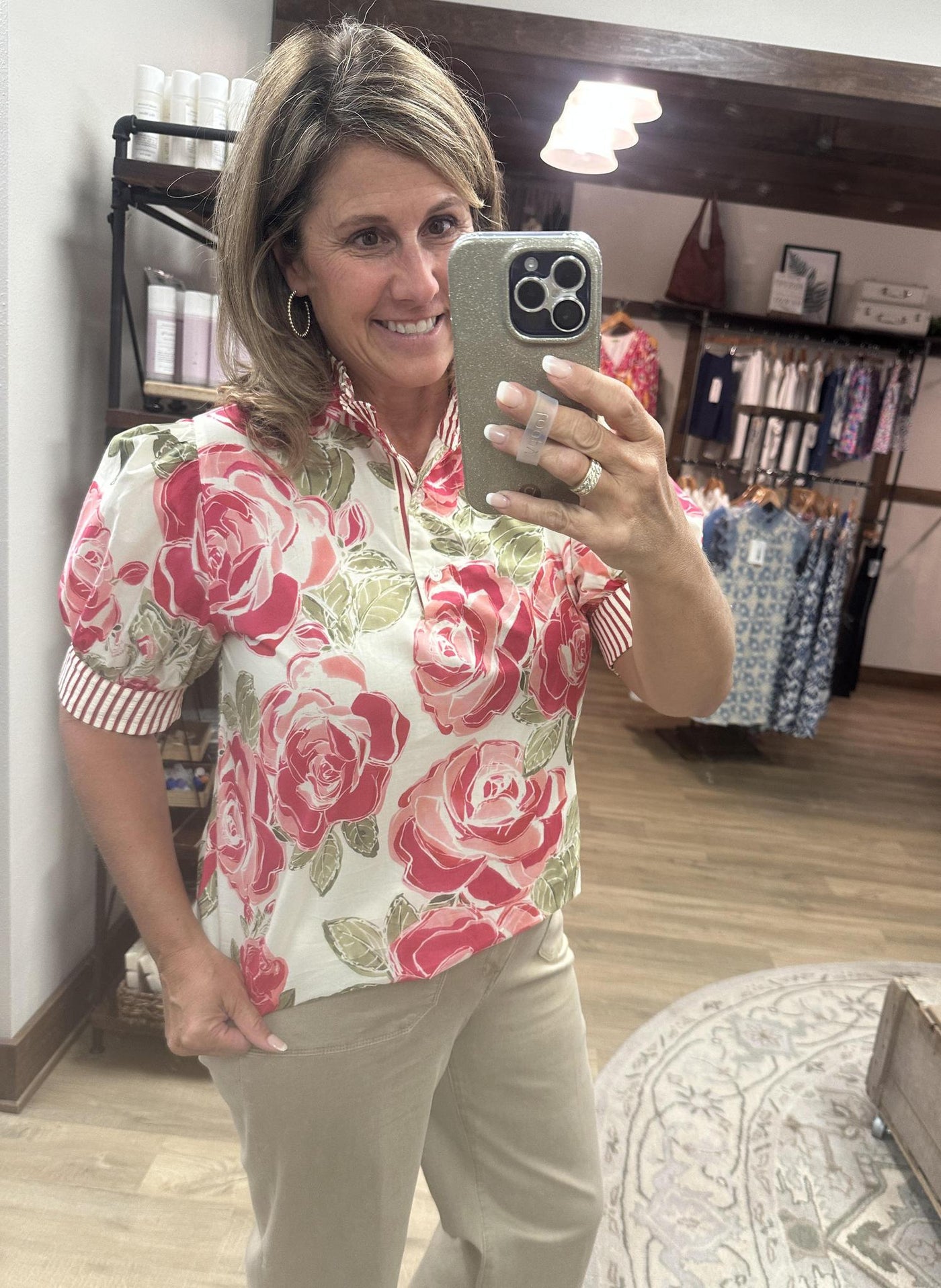 Short Sleeve Floral/Stripe Contrast