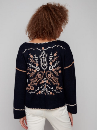 Charlie B Ribbed V Neck Embroidery Sweater