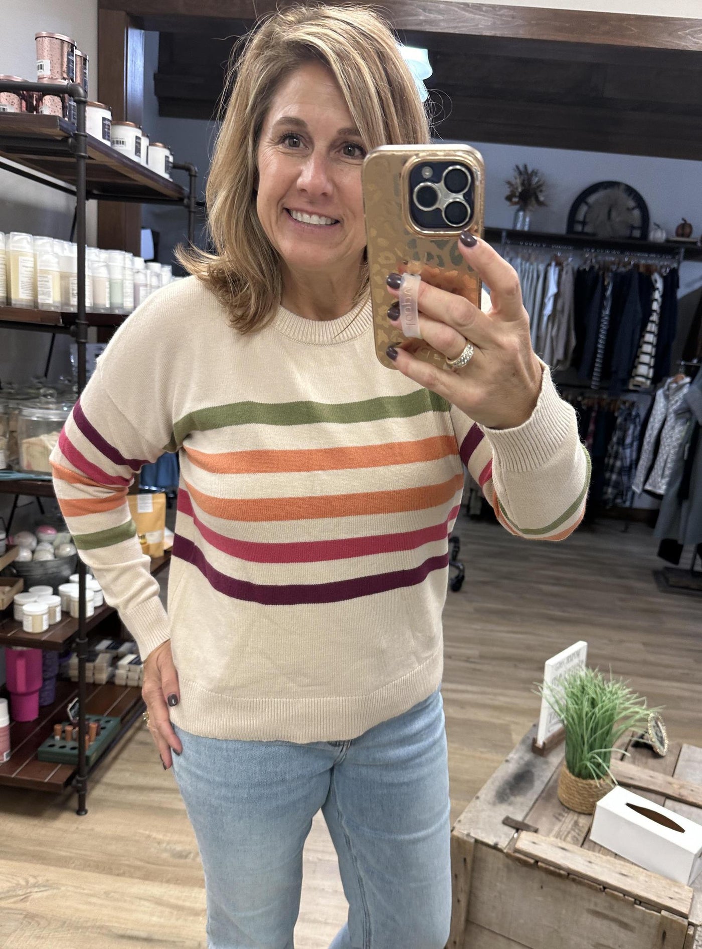 Multi Color Stripe Crew Neck Sweater-Oatmeal