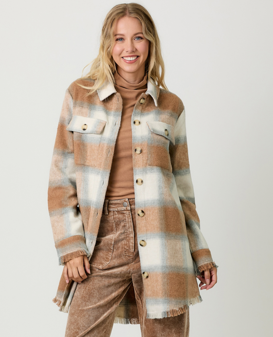 Fringe Detailed Long Plaid Jacket