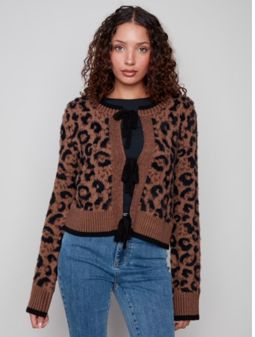 Charlie B Bow Tie Leopard Cardi