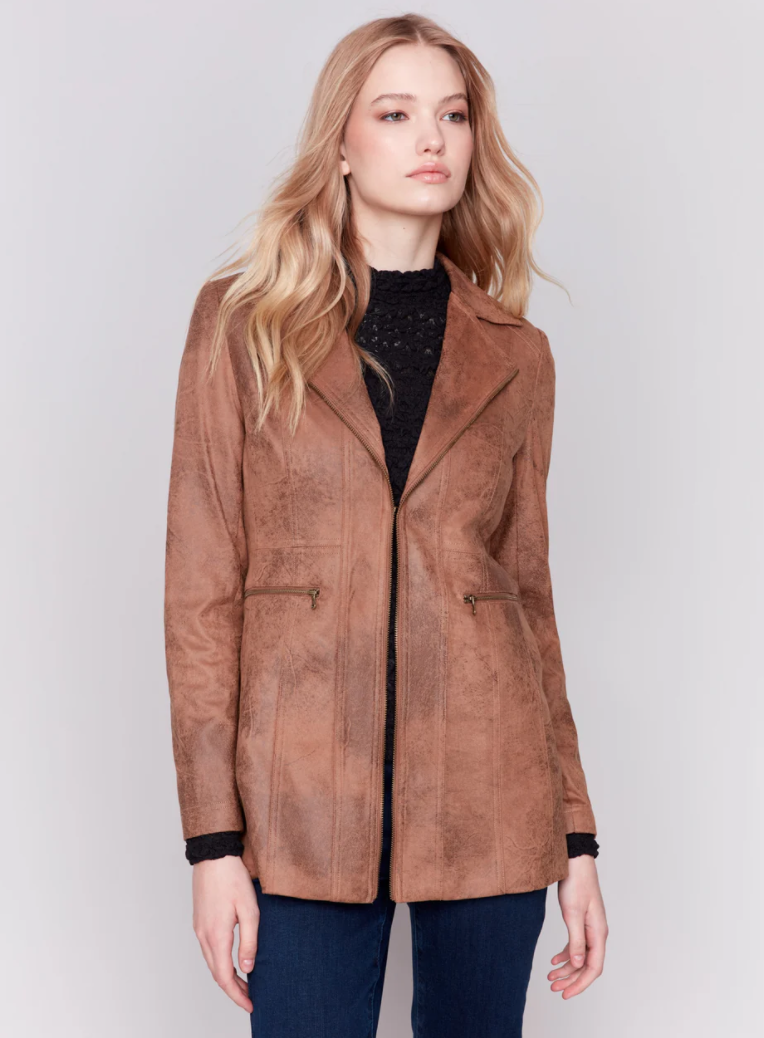 Long Vintage Faux Suede Jacket - Truffle