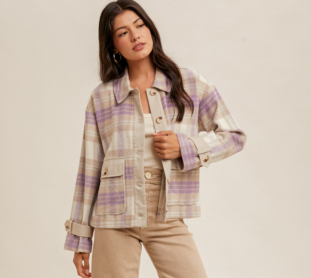 BRUSHED PLAID BUTTON DOWN CROP JACKET