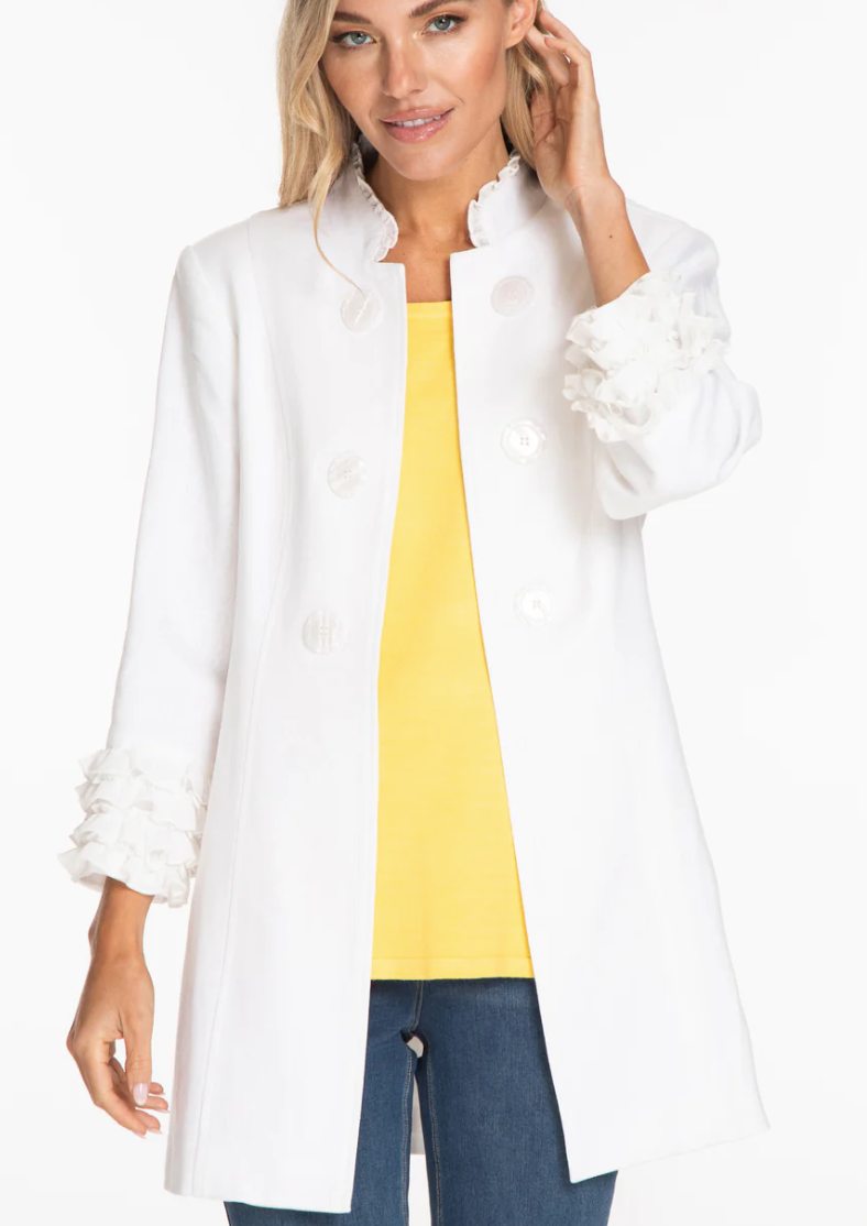 Linen Blend Jacket w/Shirred trim  - WHITE