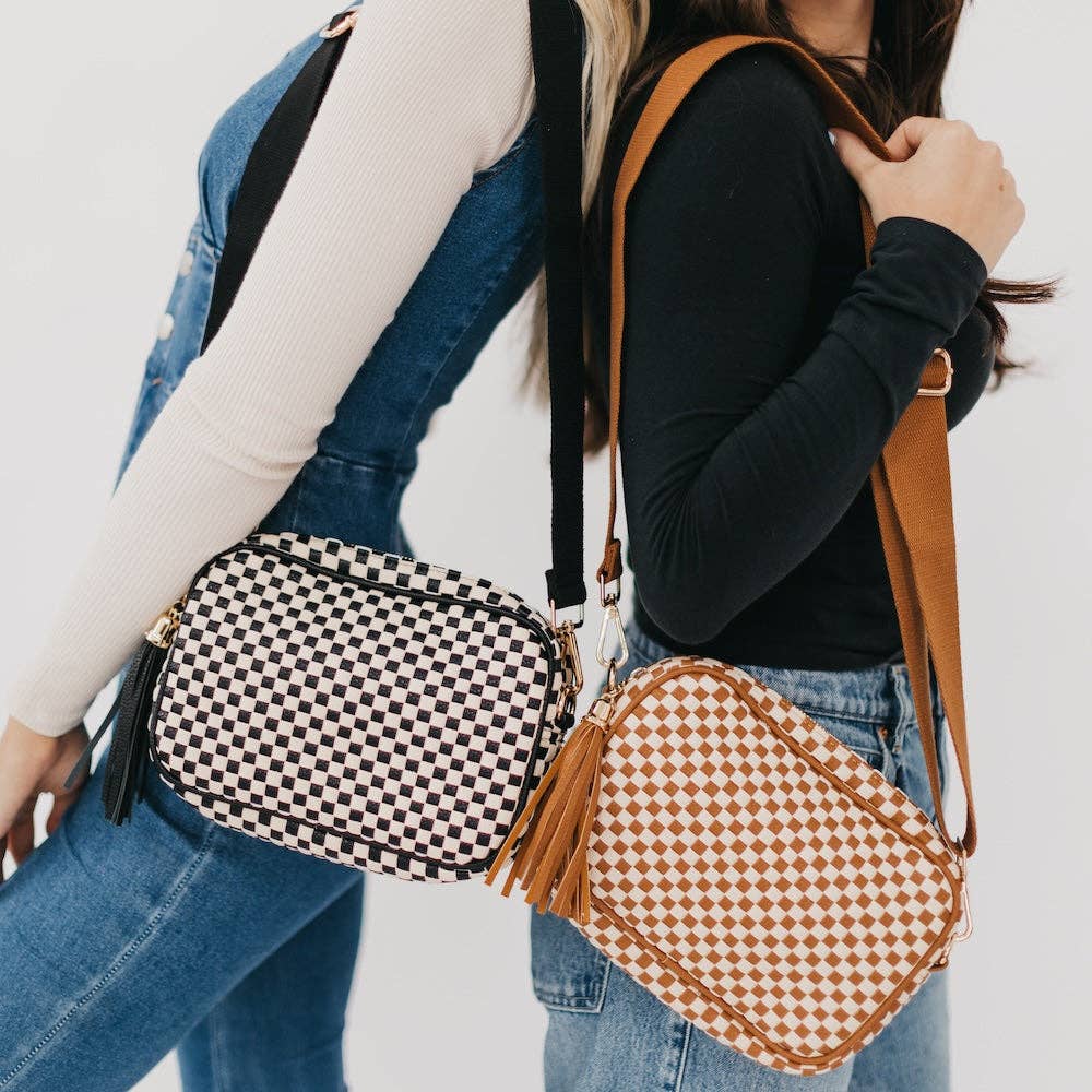Woven Willow Camera Crossbody Bag Checkered Coffee
