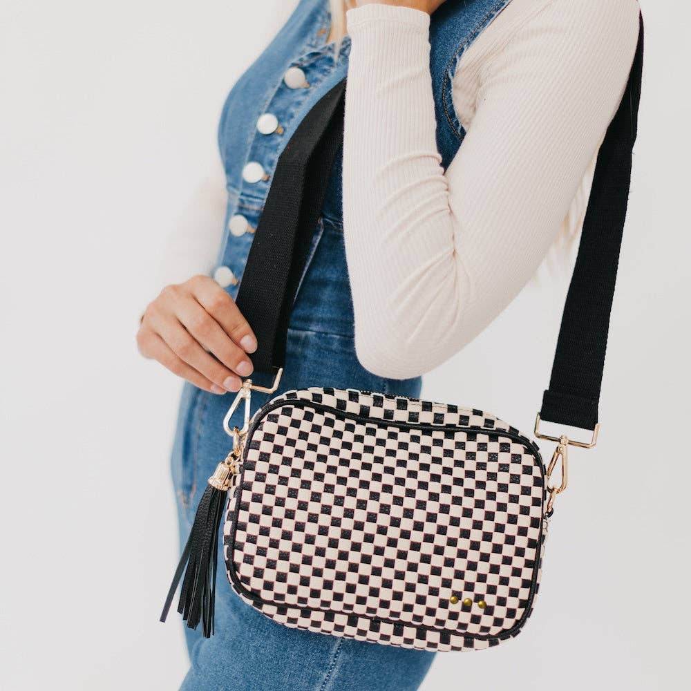 Woven Willow Camera Crossbody Bag Checkered Coffee