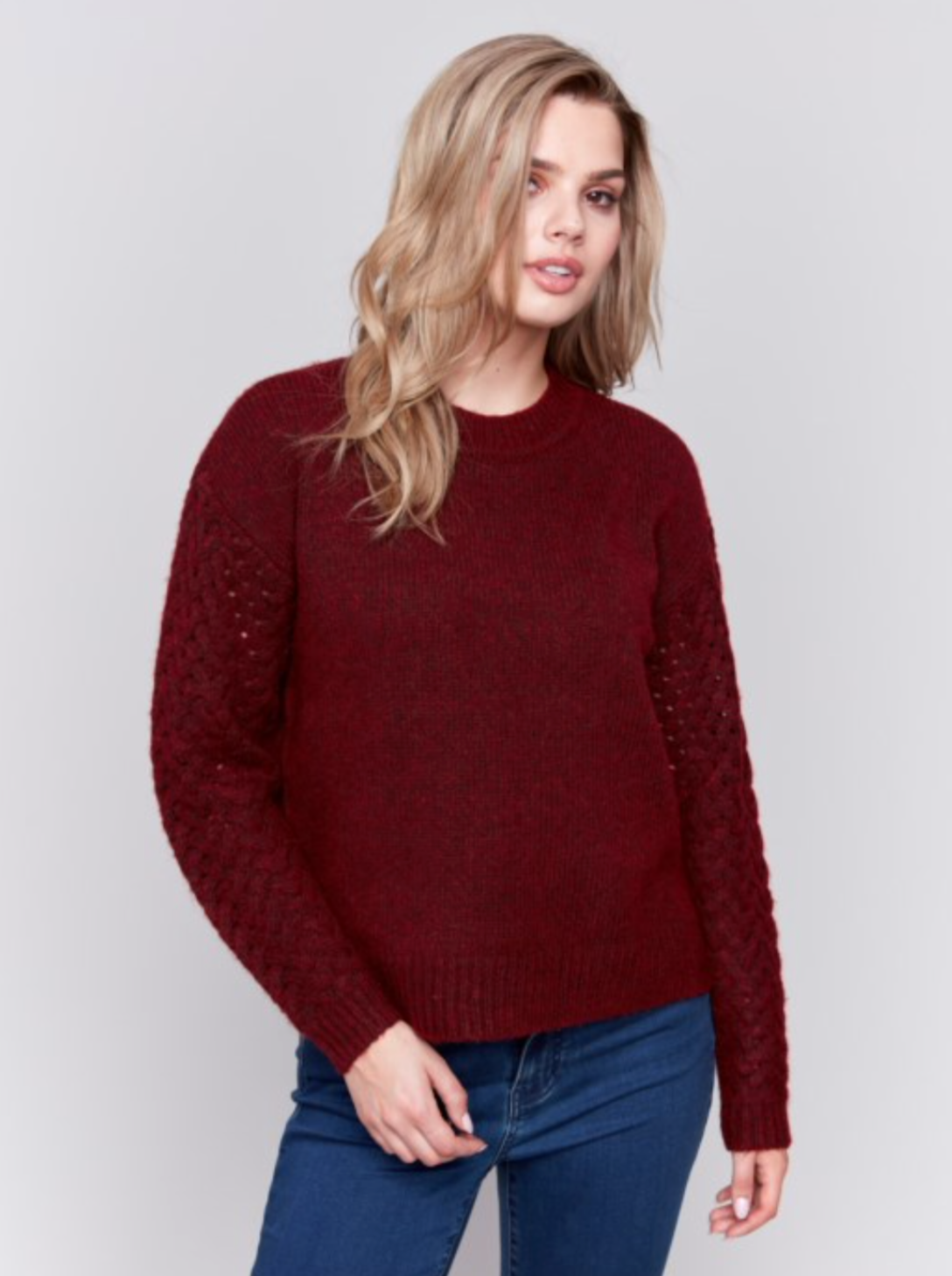 Woven Sleeve Plushy Knit Sweater