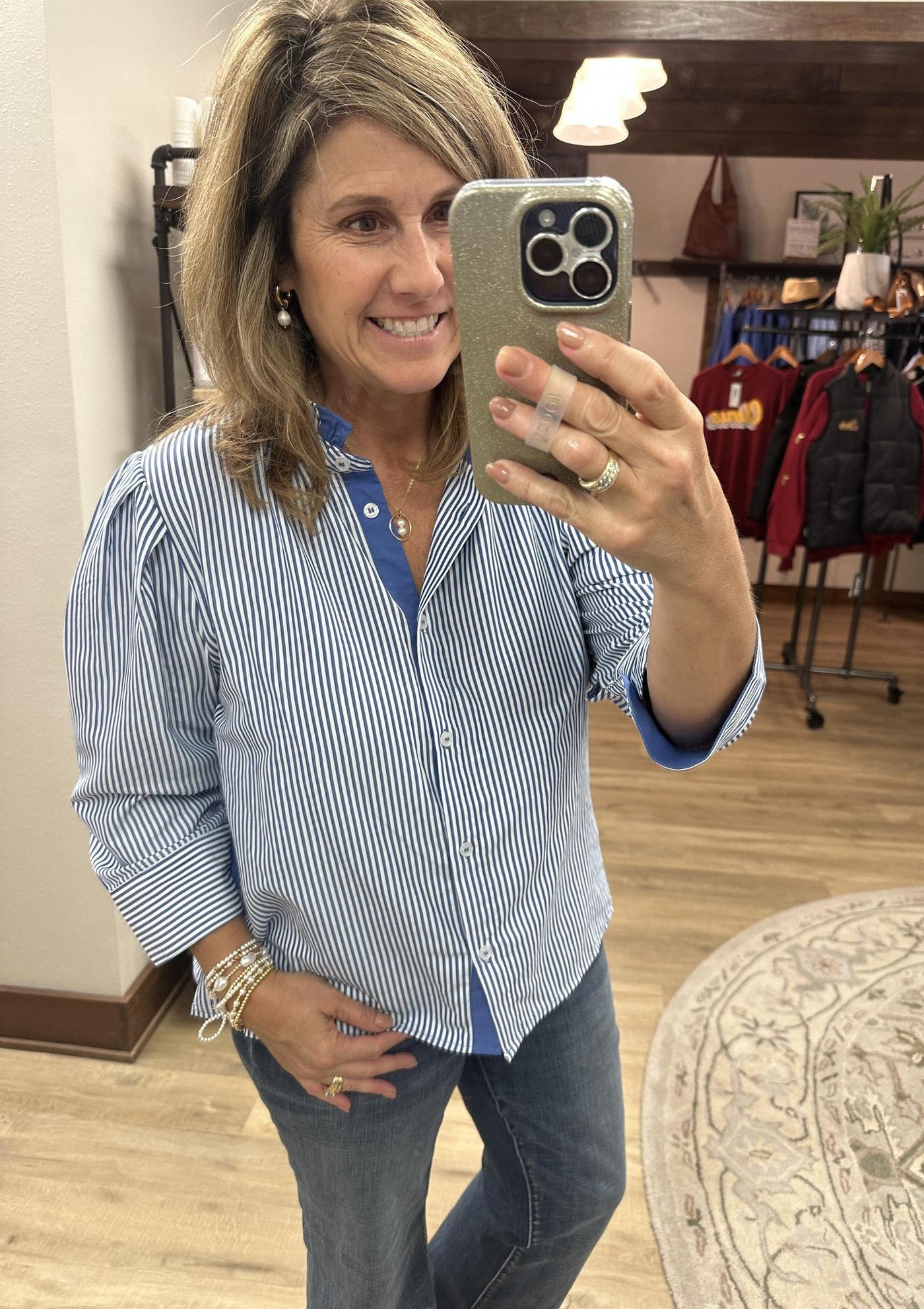 Blue White Stripe Ruffle Neck