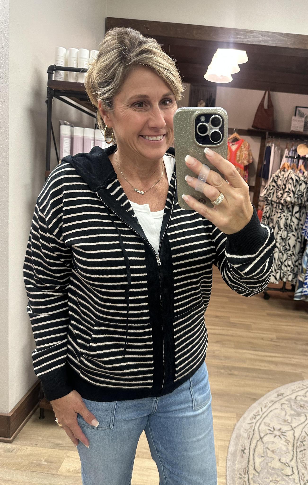 DRAWSTRING STRIPED SWEATER ZIP UP HOODIE