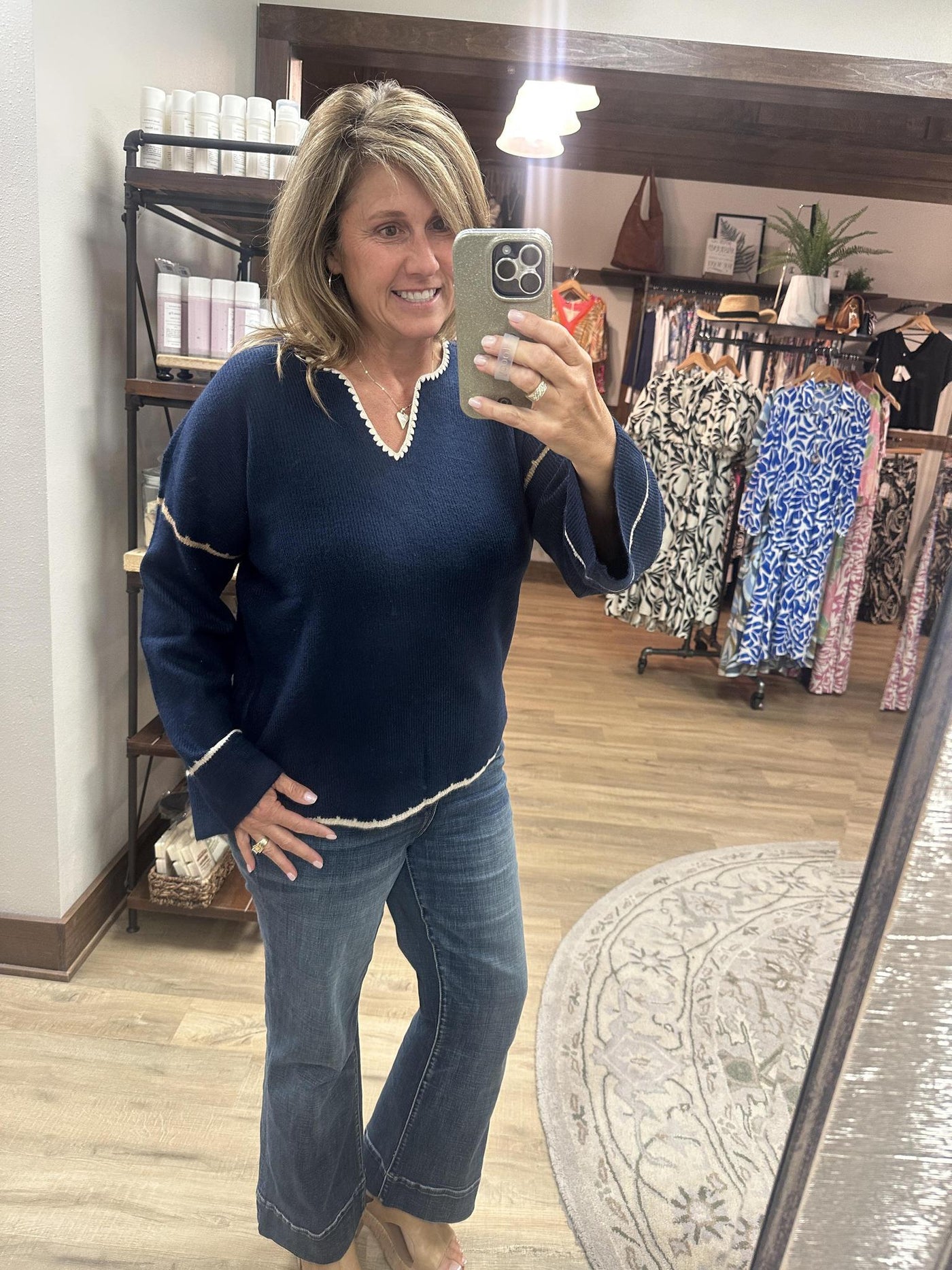 Charlie B Ribbed V Neck Embroidery Sweater