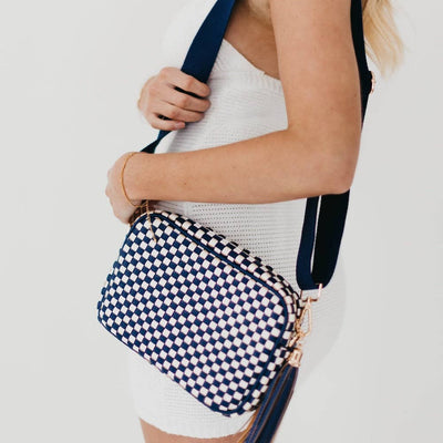 Woven Willow Camera Crossbody Bag Checkered Coffee