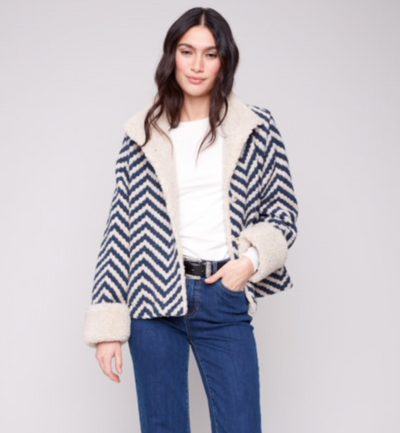 Charlie B Chevron Boucle Jacket W/Sherpa Trim